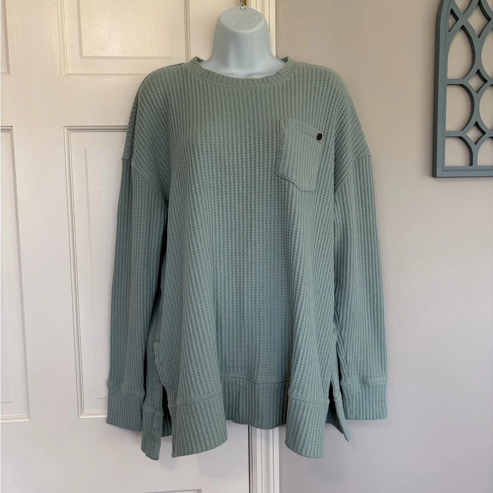 Women's Waffle Knit Long Sleeve Pullover - Sage Green - Picture 1 of 4